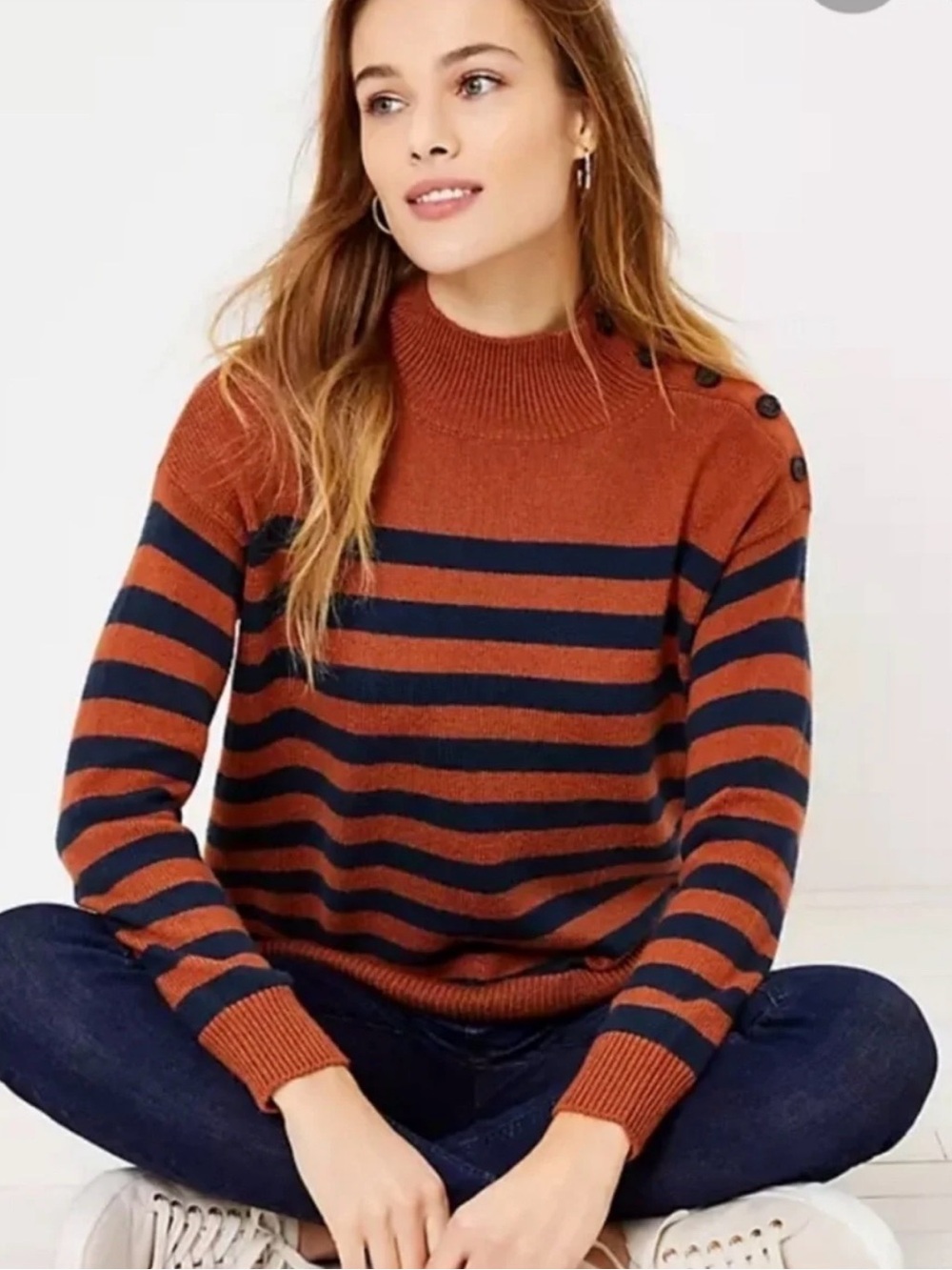 LOFT Striped Mock Neck Button-Shoulder Sweater in Rust and Navy